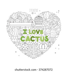 Cacti in pots. Set cactuses linear design. Elements of a corporate logo/ design. Vector illustration of succulent cactuses in heart shape.