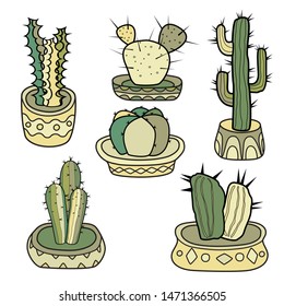 Cacti in the pots. Set of colorful vector hand-drawn illustrations in cartoon style isolated on white background.