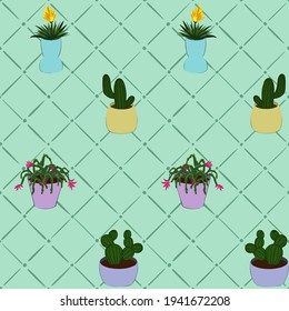 Cacti y macetas de flores. Patrón, pegatinas, fondo, imagen, dibujo, imagen, postal.