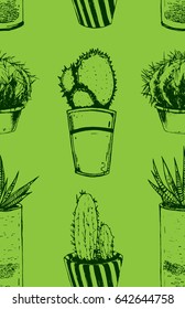 Cacti in the potties. Repeated pattern. Seamless texture.  It can be used as wallpaper, printing, wrapping, fabric or background for your blog and your design. 