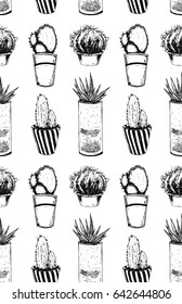 Cacti in the potties. Repeated pattern. Seamless texture.  It can be used as wallpaper, printing, wrapping, fabric or background for your blog and your design. 