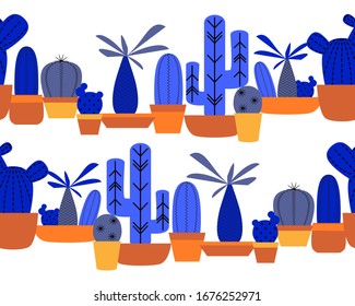 Cacti seamless border. Bright banner design element. Vector illustration. Collection of potted flowers for interior decoration. Different types of cacti. 
