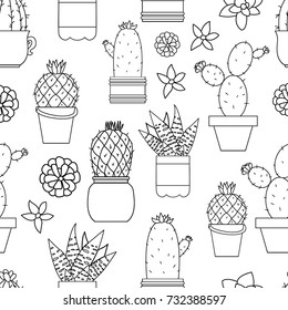 Cacti seamless pattern. Black and white cactus repeat background. Vector cacti icons.