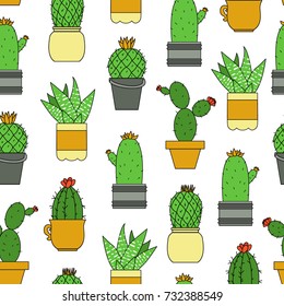 Cacti seamless pattern. Colorful cactus repeat background. Vector cacti icons. Illustration good for prints, 