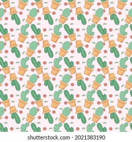 Cacti seamless pattern. Cute cacti in pots. Vector graphics for printing.