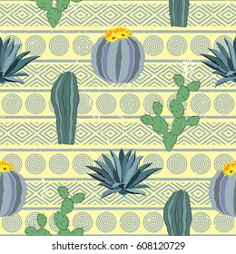 Cacti seamless pattern with geometric background. Vector illustration