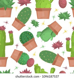 Cacti seamless pattern with green cactus vector illustration. Nature garden print fabric succulen background. Cute plant flower decorative botanical floral wallpaper.