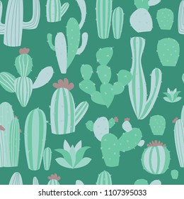 Cacti seamless pattern with green cactus vector illustration. Nature garden print fabric succulen background. Cute plant flower decorative botanical floral wallpaper.