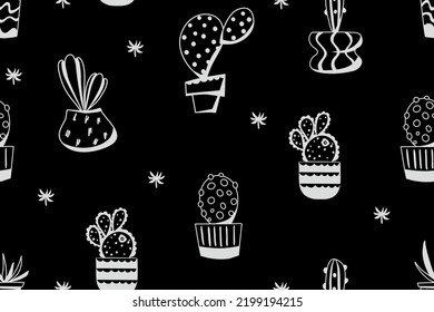  Cacti seamless pattern on a black background. Vector background with desert plants. Doodle illustration.
