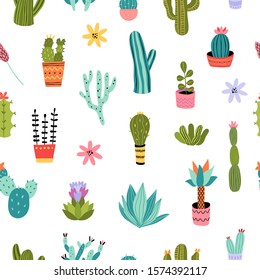 Cacti seamless pattern. Vector background with colorful succulents and cactus. Botanical theme graphic repeat design