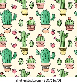 Cacti, seamless vector pattern, doodle, hand drawing