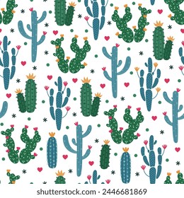 Cacti seamless vector pattern. Saguaro with green stem, prickly pear, spiny cereus. Succulents with colorful flowers, cute hearts. Indoor or desert cactus. American plant. Hand drawn doodle background