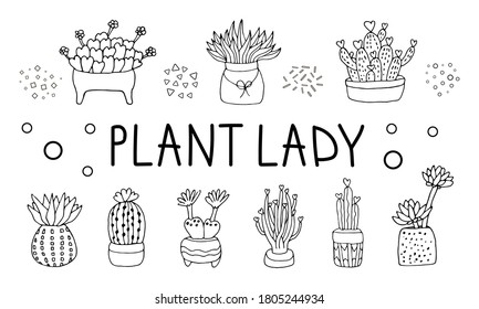 cacti  set. Cactus cacti succulents houseplant.Cactus plants set.  House plants. Potted plants collection. Trendy home decor with plants, planters, cacti,  plant lady hand drawn print for postcard.