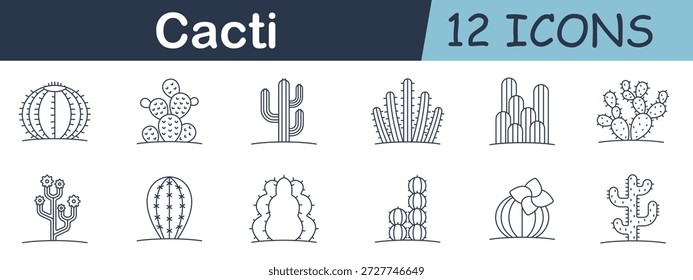 Ícone de conjunto de cactos. Ícones de linha fina de várias formas de cactos, incluindo plantas altas, redondas, segmentadas, ramificadas, floridas, com nervuras e pontiagudas colocadas no chão