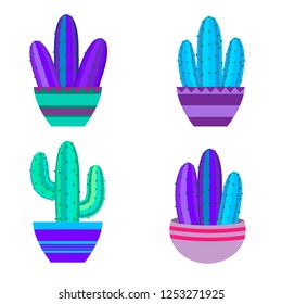 Cacti set, succulents, home flowers, houseplants in pots isolated on white background.