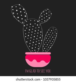 Cacti Silhouette on a Dark Background. Creative Vector Template with Text in Minimalism Style. Cactus Isolated in a Pot for Card, Invitation, Paper, Fabric, Textile, Congratulations or Your Project.