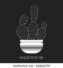 Cacti Silhouette on a Dark Background. Creative Vector Template with Text in Minimalism Style. Cactus Isolated in a Pot for Card, Invitation, Paper, Fabric, Textile, Congratulations or Your Project.