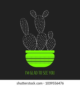 Cacti Silhouette on a Dark Background. Creative Vector Template with Text in Minimalism Style. Cactus Isolated in a Pot for Card, Invitation, Paper, Fabric, Textile, Congratulations or Your Project.