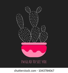 Cacti Silhouette on a Dark Background. Creative Vector Template with Text in Minimalism Style. Cactus Isolated in a Pot for Card, Invitation, Paper, Fabric, Textile, Congratulations or Your Project.
