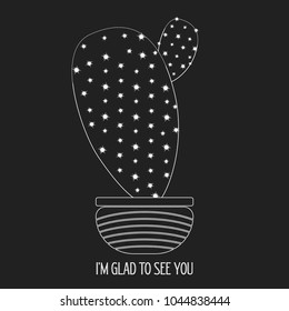 Cacti Silhouette on a Dark Background. Creative Vector Template with Text in Minimalism Style. Cactus Isolated in a Pot for Card, Invitation, Paper, Fabric, Textile, Congratulations or Your Project.