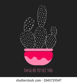 Cacti Silhouette on a Dark Background. Creative Vector Template with Text in Minimalism Style. Cactus Isolated in a Pot for Card, Invitation, Paper, Fabric, Textile, Congratulations or Your Project.