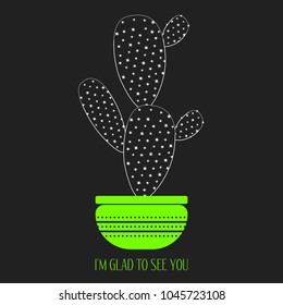 Cacti Silhouette on a Dark Background. Creative Vector Template with Text in Minimalism Style. Cactus Isolated in a Pot for Card, Invitation, Paper, Fabric, Textile, Congratulations or Your Project.