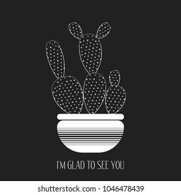 Cacti Silhouette on a Dark Background. Creative Vector Template with Text in Minimalism Style. Cactus Isolated in a Pot for Card, Invitation, Paper, Fabric, Textile, Congratulations or Your Project.