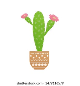 Cacti with spines and flowers in flat style isolated on white background. Succulent elements for wallpaper, greeting card, poster, flyer, banner print