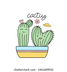 Cacti. Spring time. greeting card. Message. T - shirt design. Vector illustration. poster. i love you. Cute cactuses.