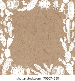 Cacti. Square floral frame. Vector illustration with place for text on a kraft paper.