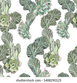 Cacti with succulent flowers, white background. Floral seamless pattern. Tropical illustration. Summer beach design. Paradise nature. 
