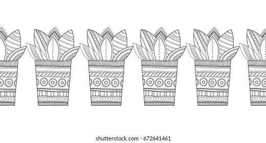 Cacti, succulents. Black and white illustration for coloring books, pages.