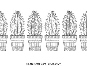 Cacti, succulents. Black and white illustration for coloring books, pages.