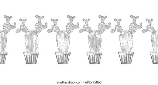Cacti, succulents. Black and white illustration for coloring books, pages.