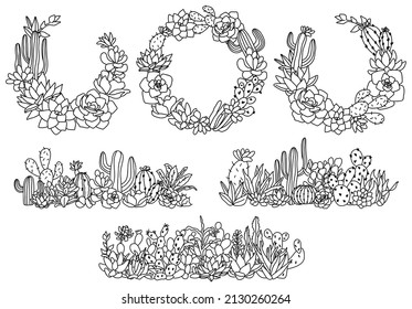 Cacti y suculentas fronteras y coronas. vector dibujado a mano.