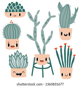 Cacti and succulents collection. Set with five cartoon cactus and flower pots. Cute colorful hand drawn home plants with face emotions. Flat style, kawaii. Botany doodle illustrations 