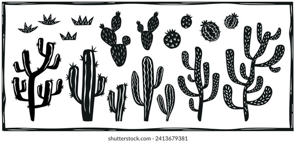 Cacti, succulents. Desert landscape elements. Brazilian cordel woodcut vector.