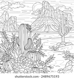 Cactáceas y suculentas en el desierto.Libro de colorear antistress para niños y adultos. Ilustración aislada sobre fondo blanco. Dibujo a mano