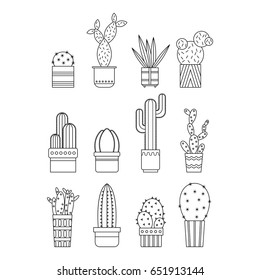 Cacti and succulents. Flat linear icons, illustrations of potted plants isolated background. Black and white objects