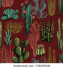 Cacti and succulents hand drawn vector seamless pattern. Graphic ink sketches of different desert plants. Abstract colored botanical background Design for wallpaper, wrap, textile, fabric, card, print