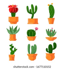 Cacti and Succulents Icons Set. Cute Green Cartoon Cactus with Green Thorns and Blooming Blossoms in Flower Pots, Desert and Tropical Exotic Plants Isolated on White Background. Vector Illustration