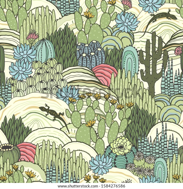 Cacti, succulents and lizards on\
outdoor, floral landscape, seamless pattern, environment. Vector\
hand drawn illustration in vintage style, colorful\
print.