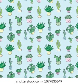 cacti and succulents painted on a light blue background and painted in different colors. Seamless pattern.
