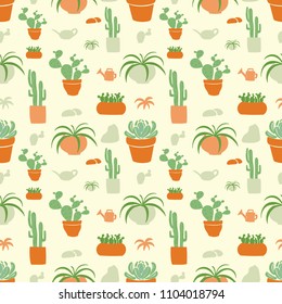 Cacti and succulents are painted on a light background. Seamless pattern.