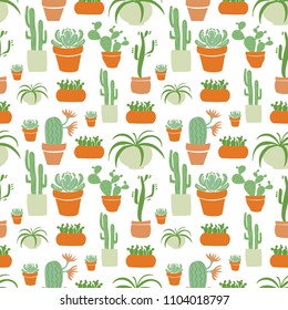 Cacti and succulents are painted on a light background. Seamless pattern.