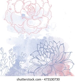 Cacti and succulents painted a white line on a watercolor background. Vector sketch of indoor plants. Color rose quartz, serenity.