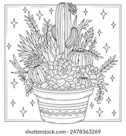 Cacti and succulents in a pot.Coloring book antistress for children and adults. Illustration isolated on white background. Hand draw