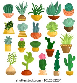 Cacti and succulents in pots flat icons collection with aloe agave kalanchoe opuntia euphorbia isolated vector illustration 