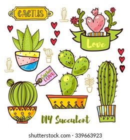 Cacti and succulents in pots. Tags and labels. In the hand drawn style. Set for scrapbooking, decal, stickers