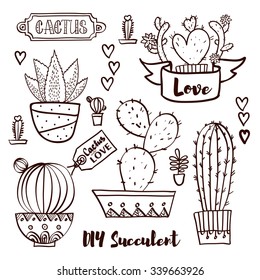 Cacti and succulents in pots. Tags and labels. In the hand drawn style. Set for scrapbooking, decal, stickers